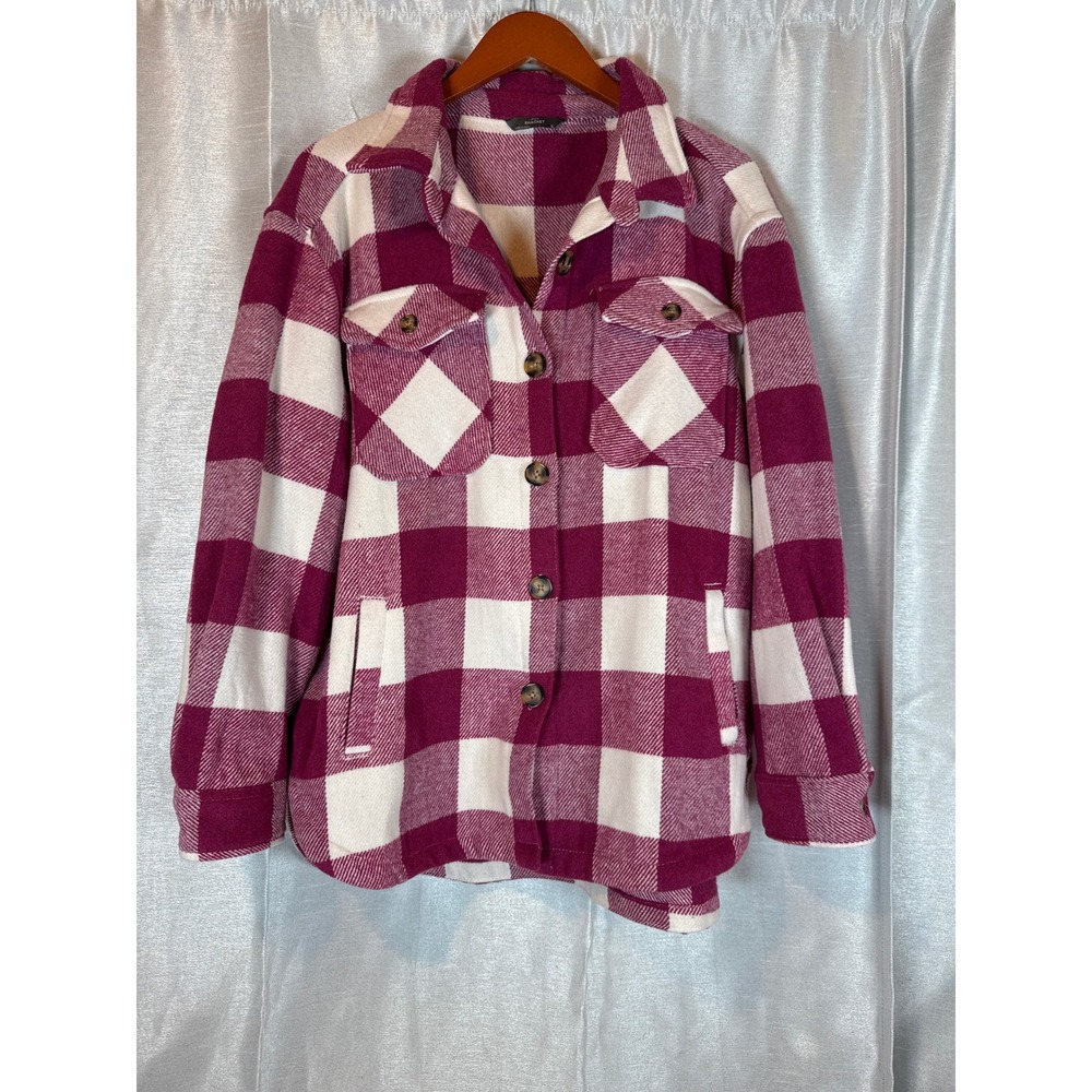 Plaid Shacket Burgundy White Button Down Shirt Jacket Women's Size L‎